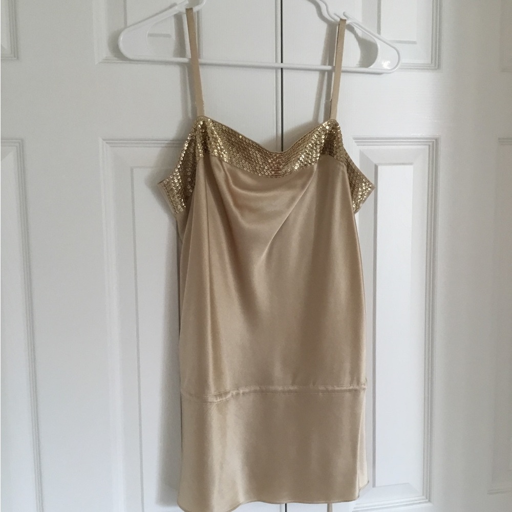 EXPRESS Gold Blouse. Spaguetti straps and gold sequence detail